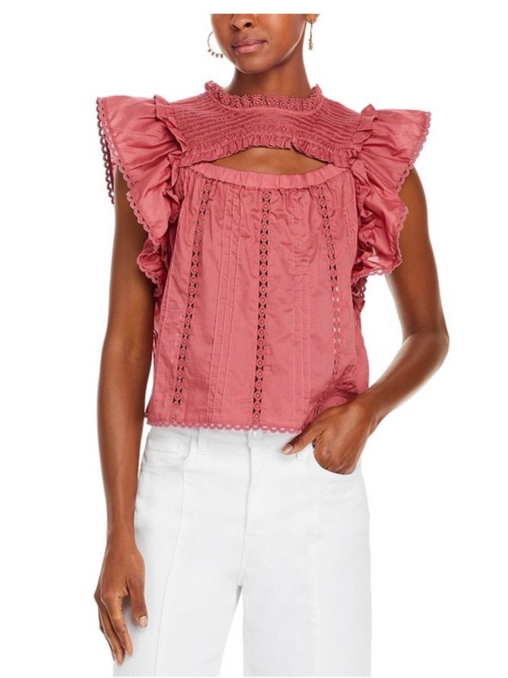 FARM Rio Dusty Rose Ruffle Lace Trim Sleeveless Blouse